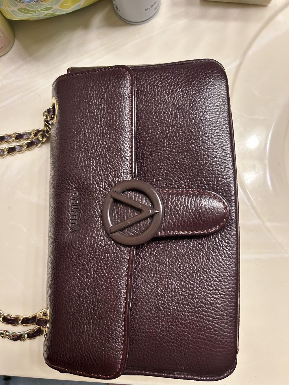 Valentino Burgundy Leather Shoulder Bag with Gold Chain - Picture 6 of 7